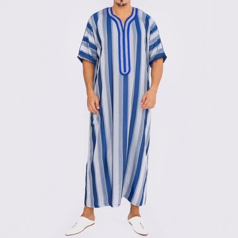 Męska szlafrok w paski z krótkim rękawem sukienka muzułmańska bliskowschodni Jubba Thobe Saudi Arab Kaftan tradycyjna odzież dla muzułmanów