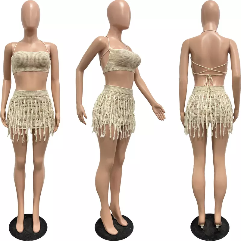 Set rok 2 potong rajut elegan gaun Mini mewah pakaian Musim Panas 2024 gaun pinggiran pakaian klub seksi set rok dua potong