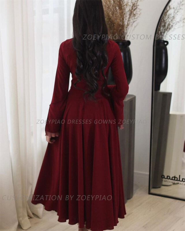 Wunderschöne Burgunder eine Linie Ballkleid Satin arabische Kleider o Hals volle Ärmel Roben formelle Veranstaltung Vestidos de Gala Kleider 2024