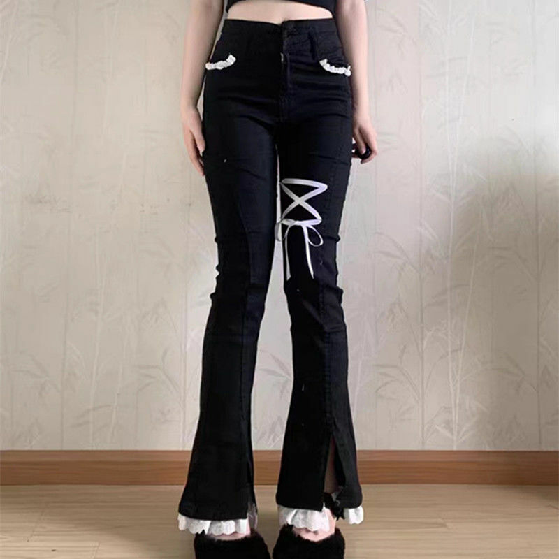 Sweet and Spicy Girl Lolita Small Stature Lace Strap Autumn and Winter Slim Fit Elastic Split Slim Flared Wide Leg Pants Jeans