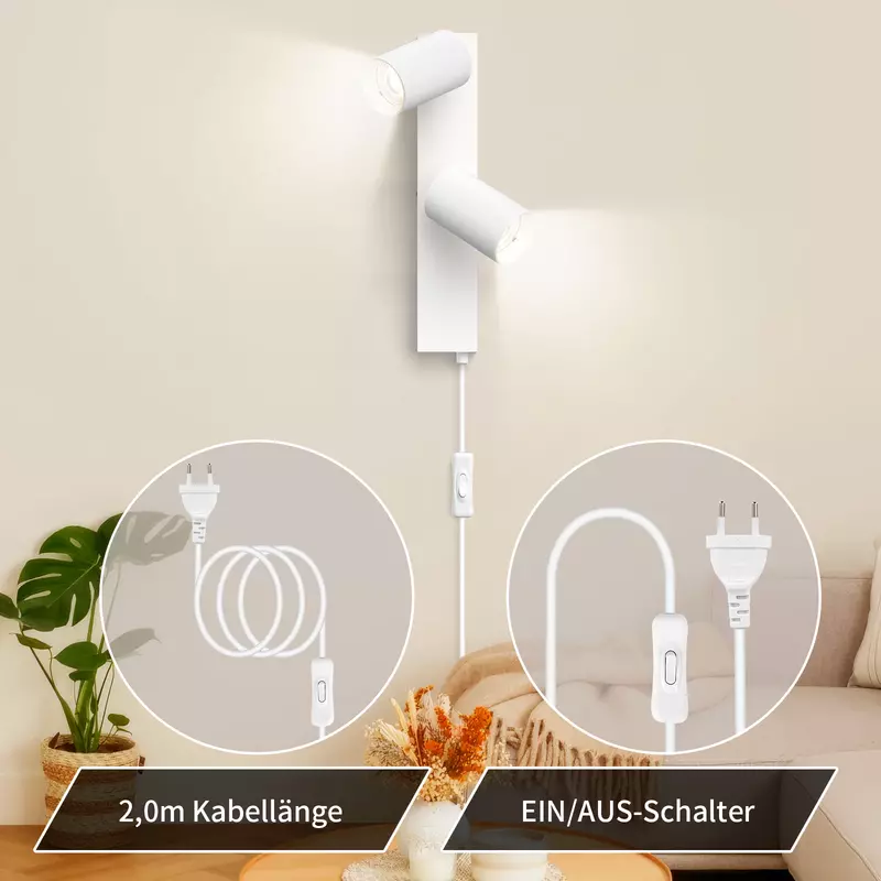 Wall light with switch indoor spotlight 2 spots GU10 with switch and plug white wall lamp rotatable 350° without bulb