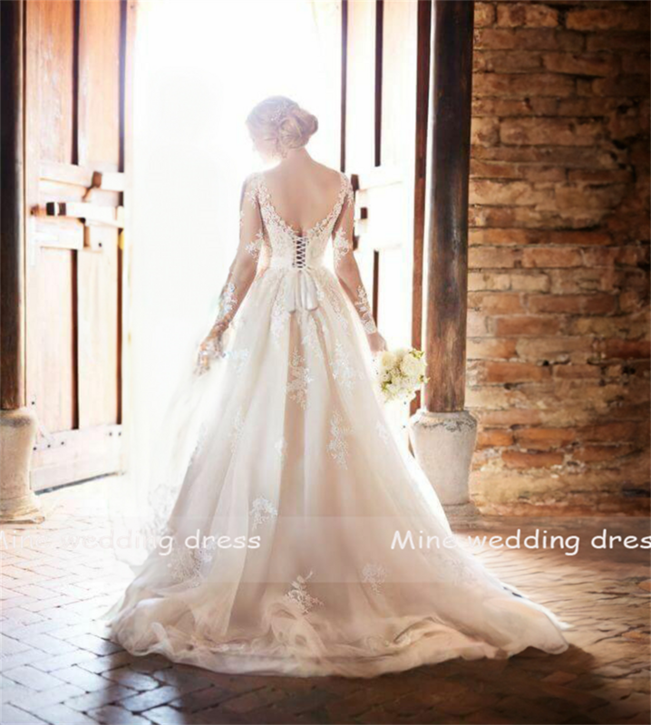 Gaun pernikahan leher V sampanye cantik korset punggung lengan panjang renda halus applique gaun pengantin ukuran Plus dengan sabuk