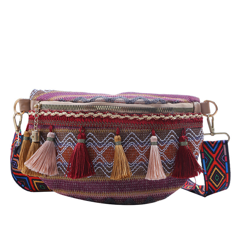 Tas pinggang gaya etnis wanita, tas pinggang wanita dengan tali dapat diatur, warna beragam, tas Fanny dengan dekorasi pinggiran, tas dada selempang