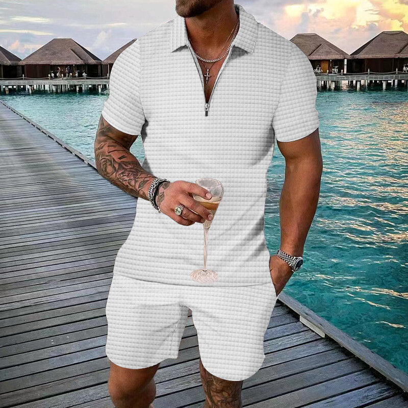 2023 Europe And The United States Men Short Sleeve Shorts Summer Small Square Casual Loose Half Zip Lapel Suit Men