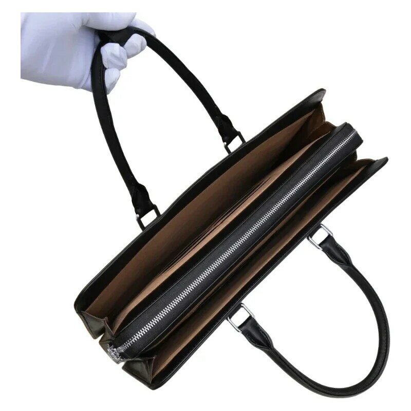 กระเป๋าสายไหล่เดียวแล็ปท็อปขนาด15นิ้วหนังสีดำของผู้ชายกระเป๋าเอกสารหูหิ้วแบบสะพายเฉียง