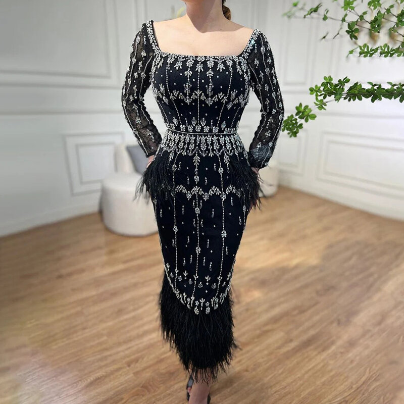 Flechazo Exquisite Tea-Length Evening Dress Square Collar Long Sleeve Sheath with Feathers and Beading Diamond Ladies Party Gown