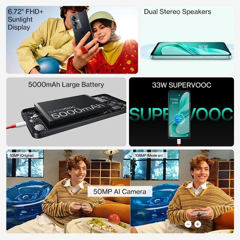 OnePlus-Nord N30 SE 5G versión Global, 4GB, 128GB, pantalla FHD de 6,72 pulgadas, luz solar, altavoces estéreo duales, 33W, SUPERVOOC, 5000mAh
