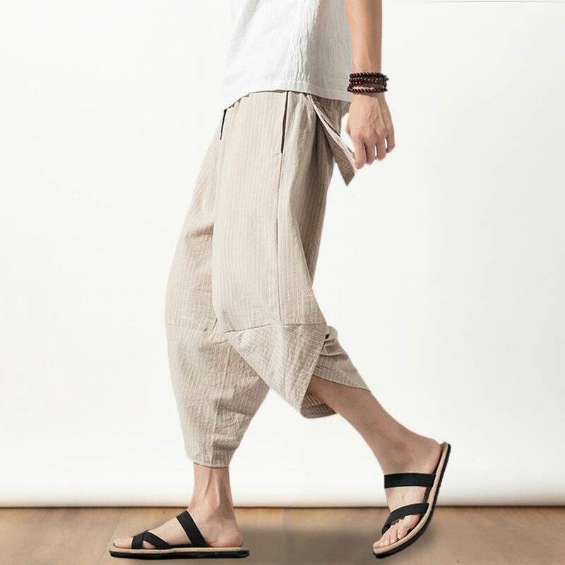 Calça de harém listrada masculina, calça recortada com elástico na cintura, streetwear vertical, verão