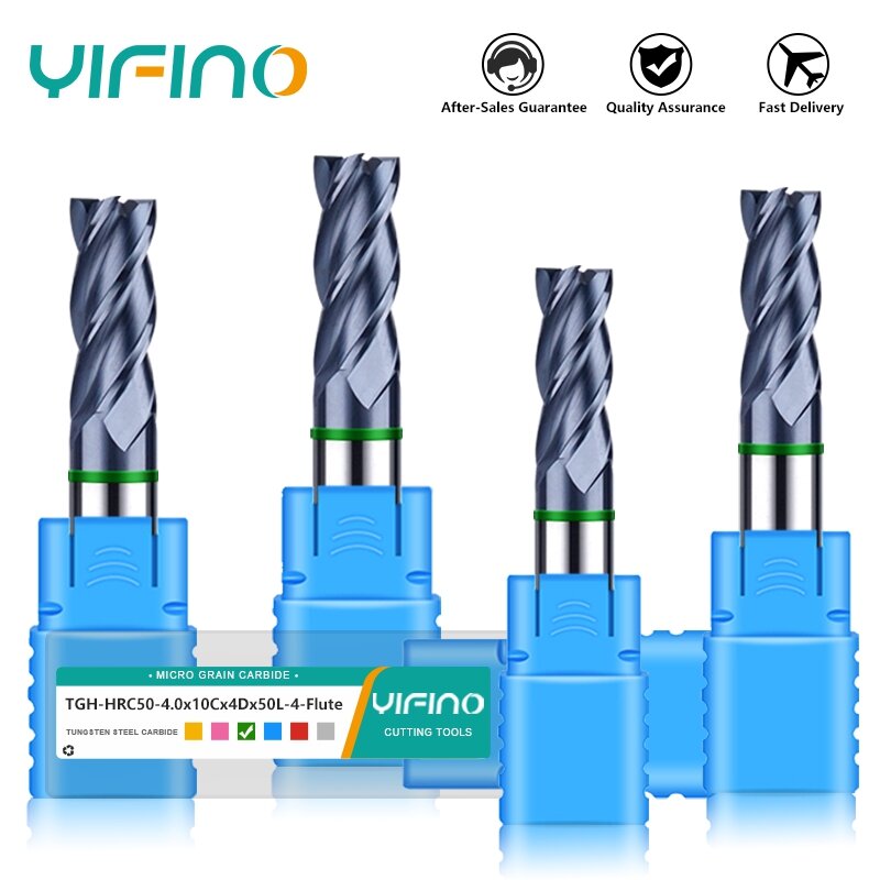 YIFINO TGH-HRC50 4-Flute Flat End Mill Tungsten Steel Carbide Nano Coating Milling Cutter For CNC Machining Endmills Tools