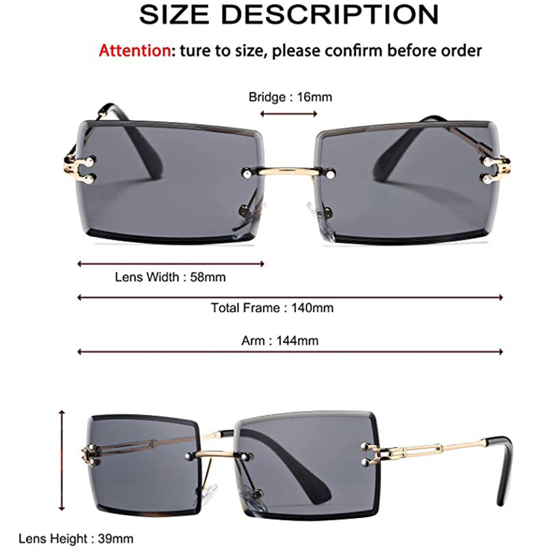 Óculos de sol retângulo sem aro para mulheres, óculos unissex sem armação quadrada ultraleve uv400