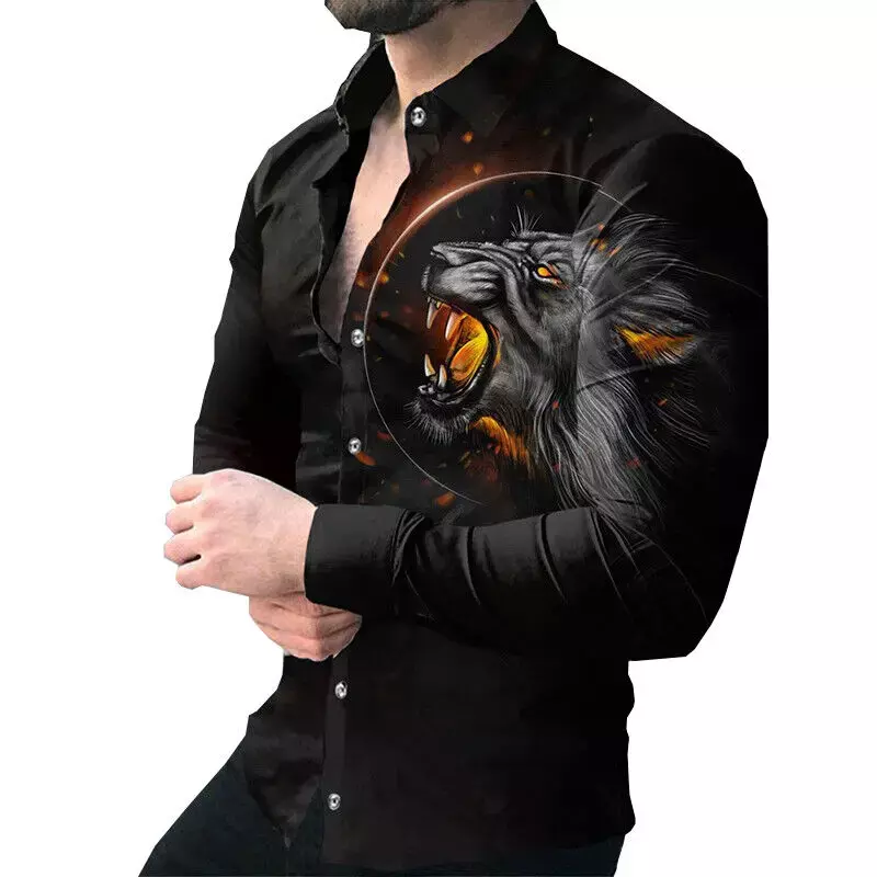 Camisa masculina com estampa animal, manga comprida, abotoado, gola em pé, camisa formal, tops de festa de rua, moda casual
