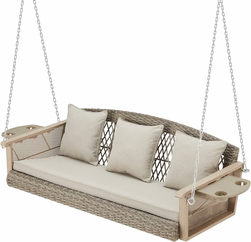 3-Person Porch Swing 55in Wicker Hanging Swing Bench with Cushions Cupholders Swing Chair with Chains 800lbs Capacity