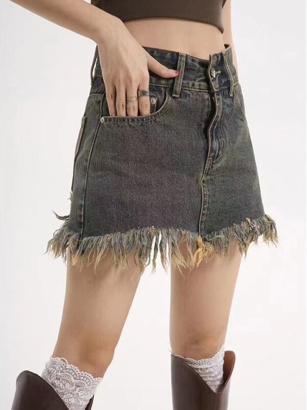 Rok Denim Antik Rumbai Streetwear Rok Mini Musim Panas Wanita Rok Mini Gaya Korea Wanita Punk Harajuku Y2K 2023