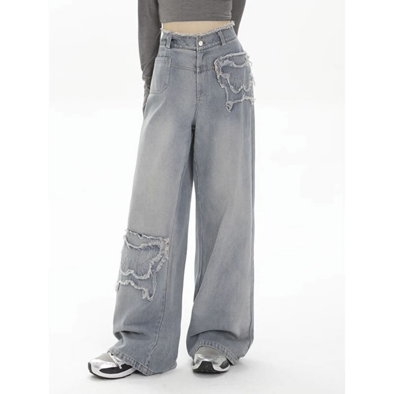 Moda Retro jeansy z szerokimi nogawkami damskie jesienne z wysokim stanem modne spodnie Sense eleganckie zdobione spodnie jeansowe