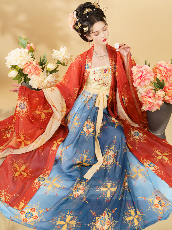 Оригинальное старое красное кимоно, платья ханьфу, вышивка династии Тан, китайский стиль, традиционный народный танец, винтажный костюм для косплея