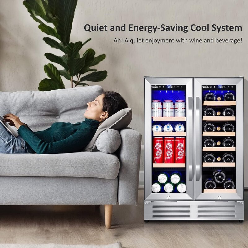 Refrigerador embutido com sistema poderoso e silencioso, prata de aço inoxidável, KMYL120, 18 garrafas e 88 latas de capacidade