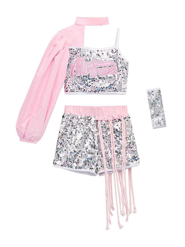 ZZL 재즈 댄스 힙합 의상, 어반 댄스 소녀 옷, 핑크 스팽글 스타일, 십대 스트리트, 반짝이는 멋진 옷