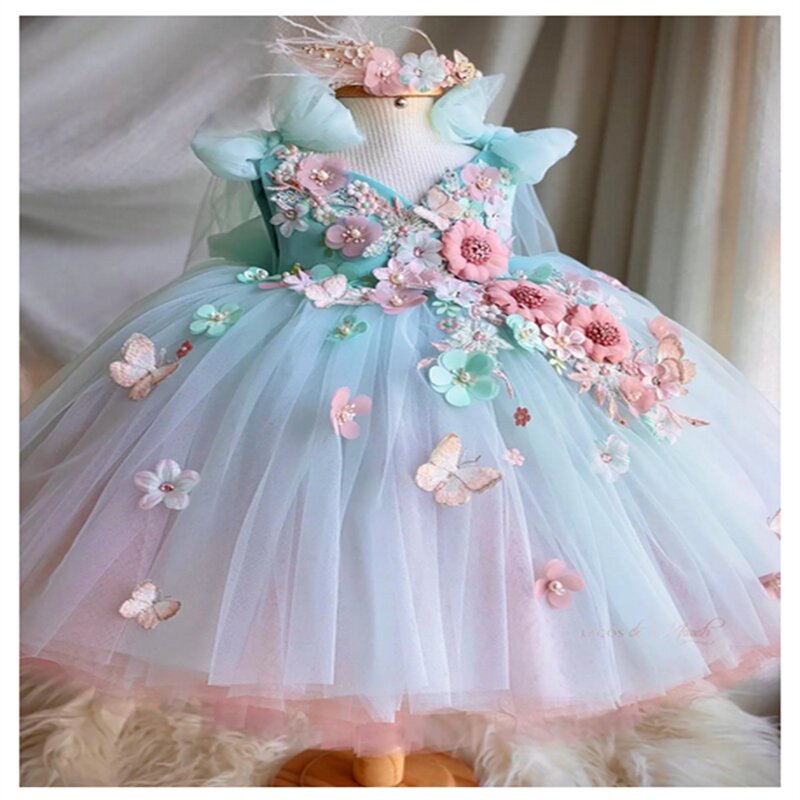 Vestidos de flores azuis para meninas, Vestido de casamento bonito, Vestidos infantis com arco borboleta, Photoshoot Appliqued Birthday