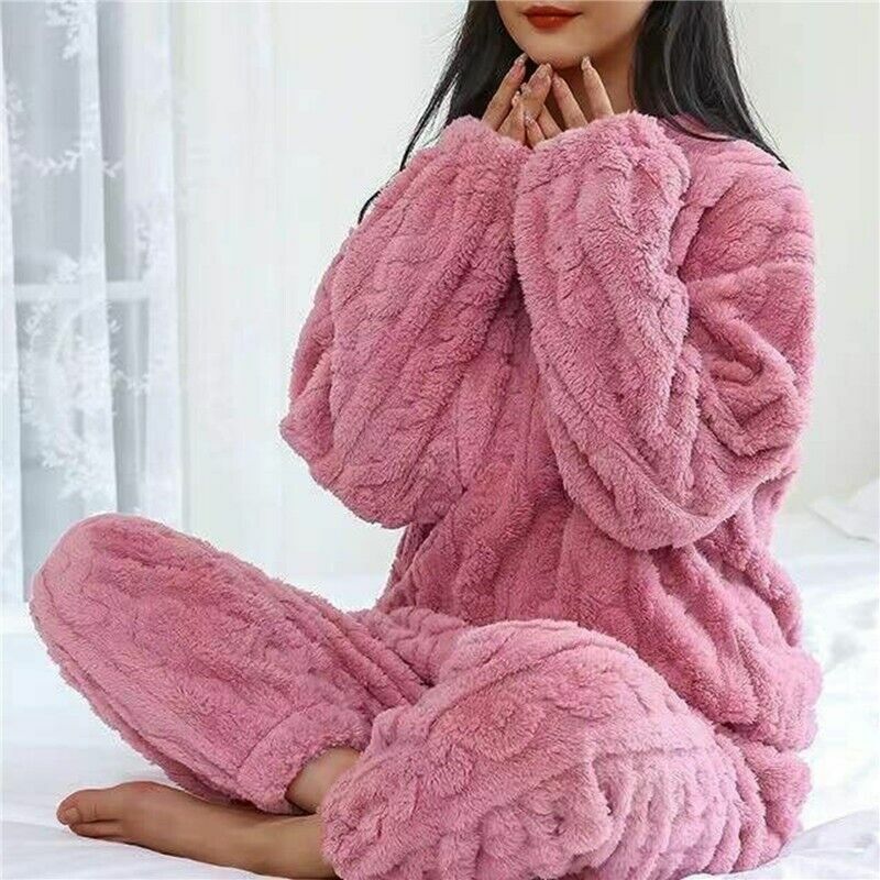 Ladies Fleece Pyjama Set Winter Warm Soft Crew Neck Top Pants Loungewear Nightwear Thermal Solid Women Sleepwear Suits Homewear