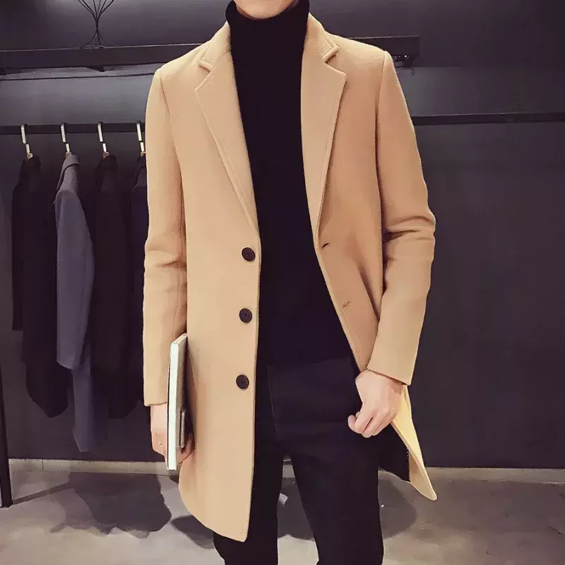Męski płaszcz długa z bawełny 2023 jesienno-zimowy nowy mieszanka wełny czysty kolor Casual moda biznesowa wiatrówka Slim kurtka męska
