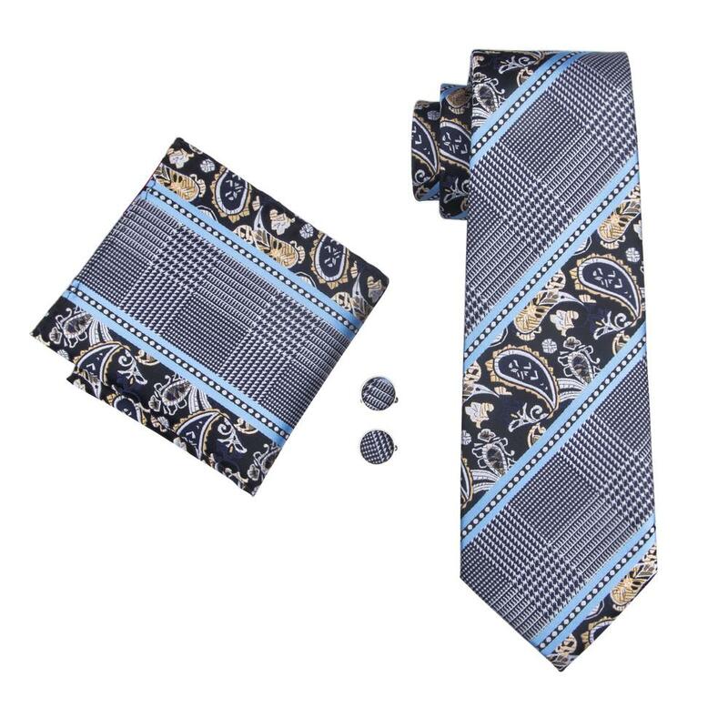 Gravata de seda listrada azul marinho para homens, gravata design de moda, Hanky Cufflink Set, presente de negócios e festa