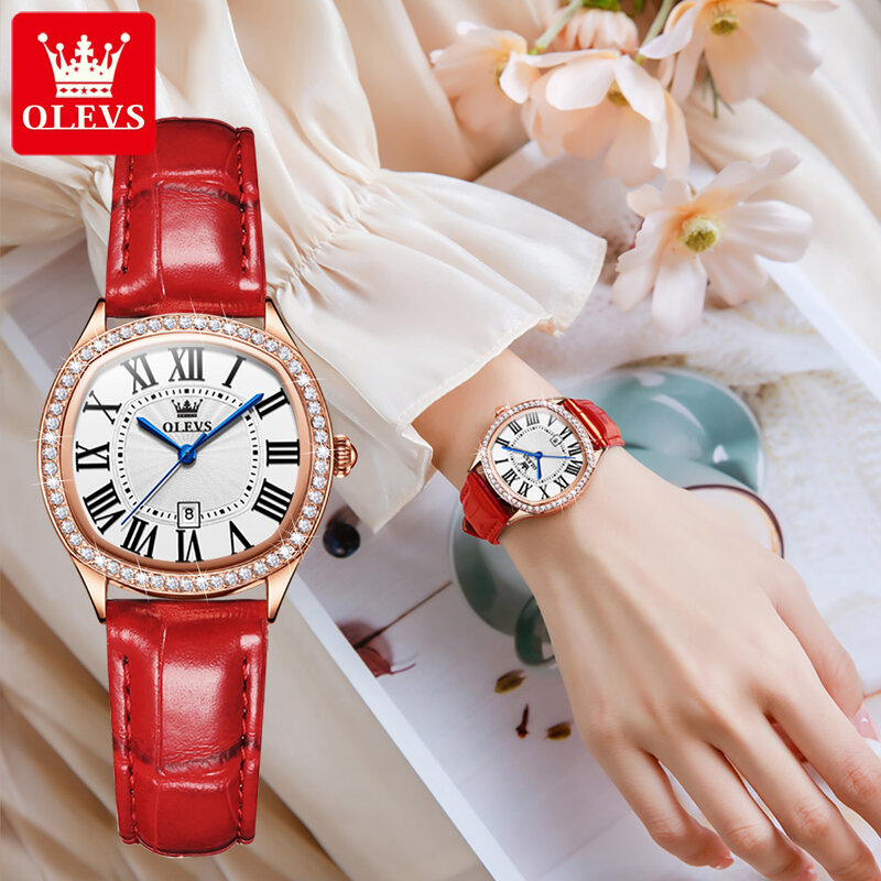 OLEVS 브랜드 패션 다이아몬드 쿼츠 시계 여성용 럭셔리 가죽 방수 달력 손목시계, Relogio Feminino 선물
