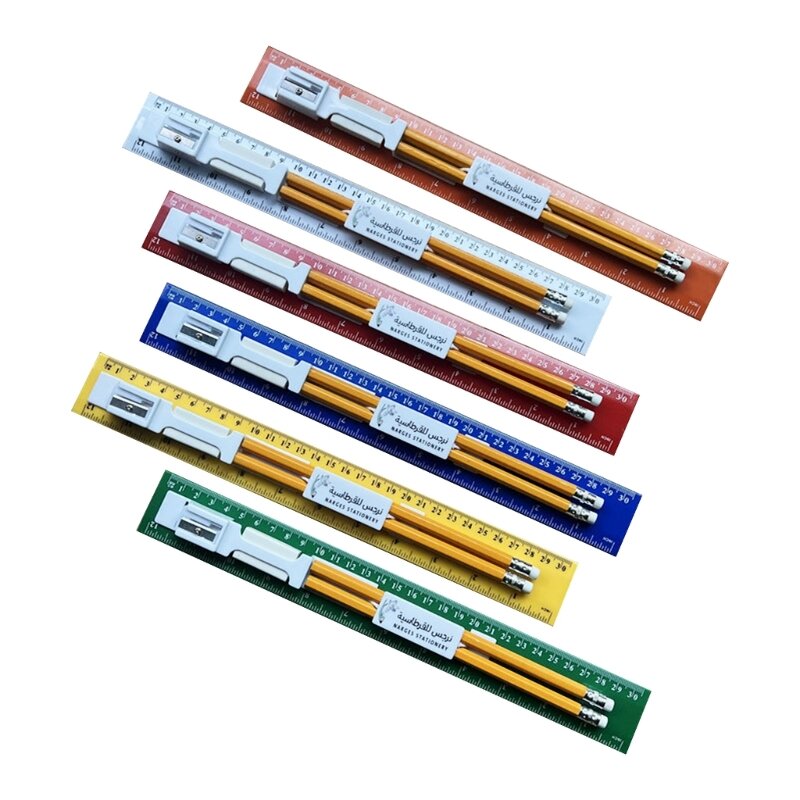 Conjunto régua colorida 30 com apontador lápis, lápis e borrachas perfeito para escola e escritório
