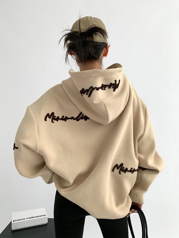 Deeptown-sudaderas con capucha de gran tamaño para mujer, suéter holgado de manga larga con bordado de Hip Hop, estilo Harajuku, informal, Grunge, coreano, color gris
