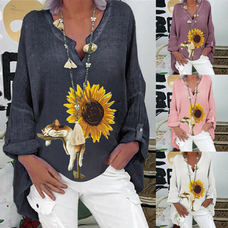 Blusa holgada de lino para mujer, camisa de manga larga estilo bohemio, con estampado de girasol, Estilo Vintage, talla grande, 2023