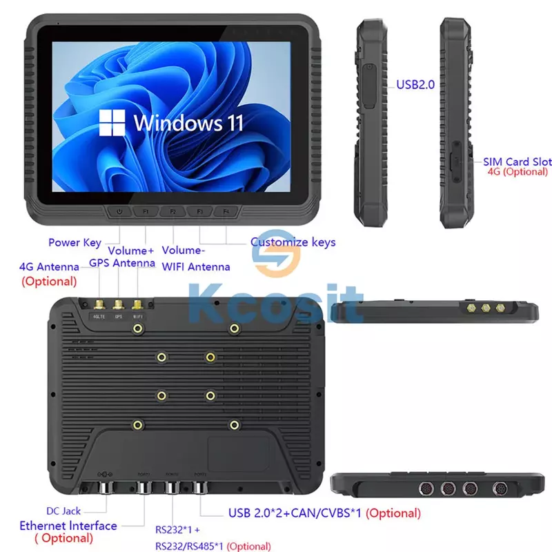 Kcosit 견고한 태블릿 PC, 방수 윈도우 11, 지게차 장착 터미널, 10.1 인치 인텔 N5100, 4GB RAM, 4G LTE, CAN 버스 LAN, CVBS, K110J