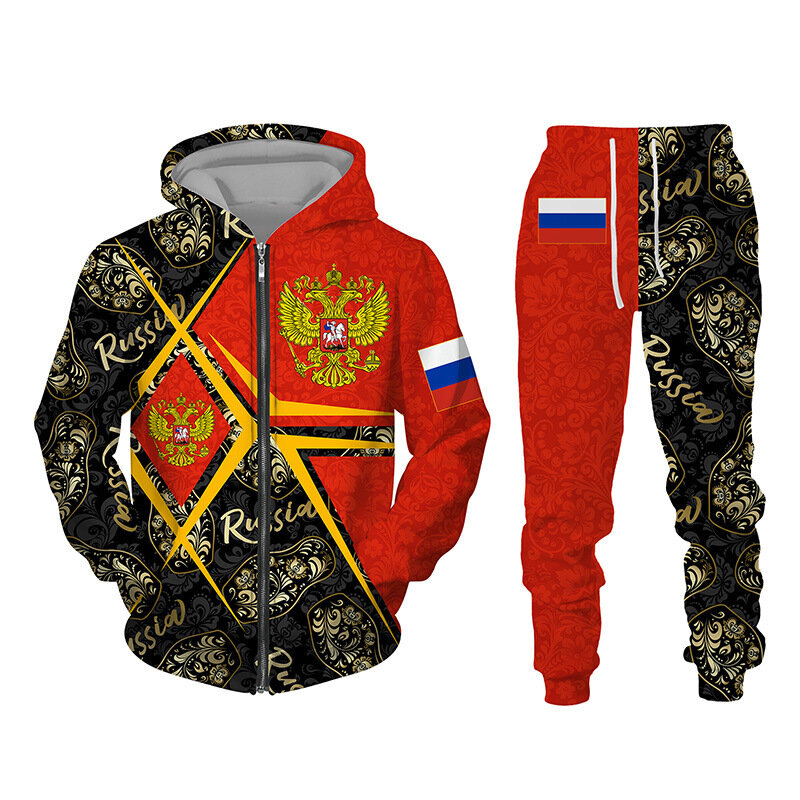 3D Bandeira da Rússia Impresso Conjunto de Tricô para Homens e Mulheres, Zip Hoodie e Calças Suit, Cool Sportwear, Outono e Inverno Vestuário, 2 PCs