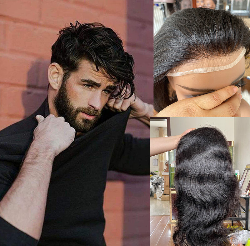 Мужской парик Swiss Lace Front Natural Hairline, мужской парик из искусственной кожи с V-образным вырезом, Европейская система замены человеческих волос для мужских париков