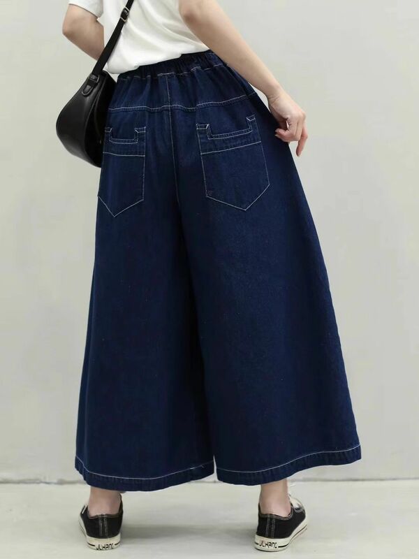 Vrouwen Kleding Japan Stijl Vintage Elastische Taille Katoenen Blauwe Denim Wijde Pijpen Broek Vrouwen Zomer Herfst Losse Jeans Met Zak