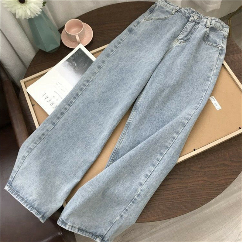 Straight Leg high waisted Jeans Female Students 2024 New Korean Loose Vintage Wide leg Denim Trousers Women's Casual Pants