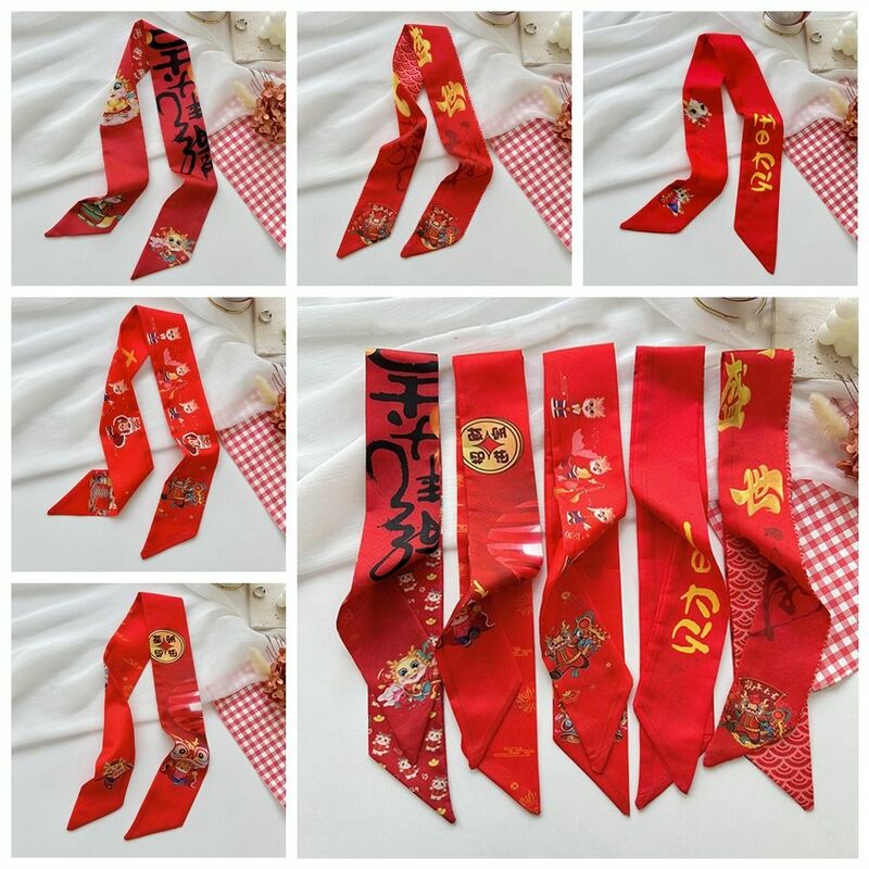 Printed New Year Red Silk Scarf Hair Tie New Year Scarves Scarf Hair Band Scarf Accessories Dragon Pattern Long Scarf Female