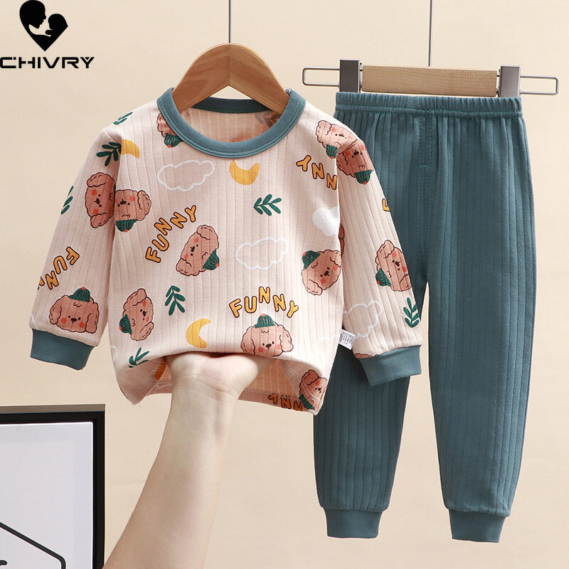 Pijama conjunto com estampa dos desenhos animados para crianças, manga comprida rodada-colar t-shirt com calças para bebê recém-nascido, outono novo 2023