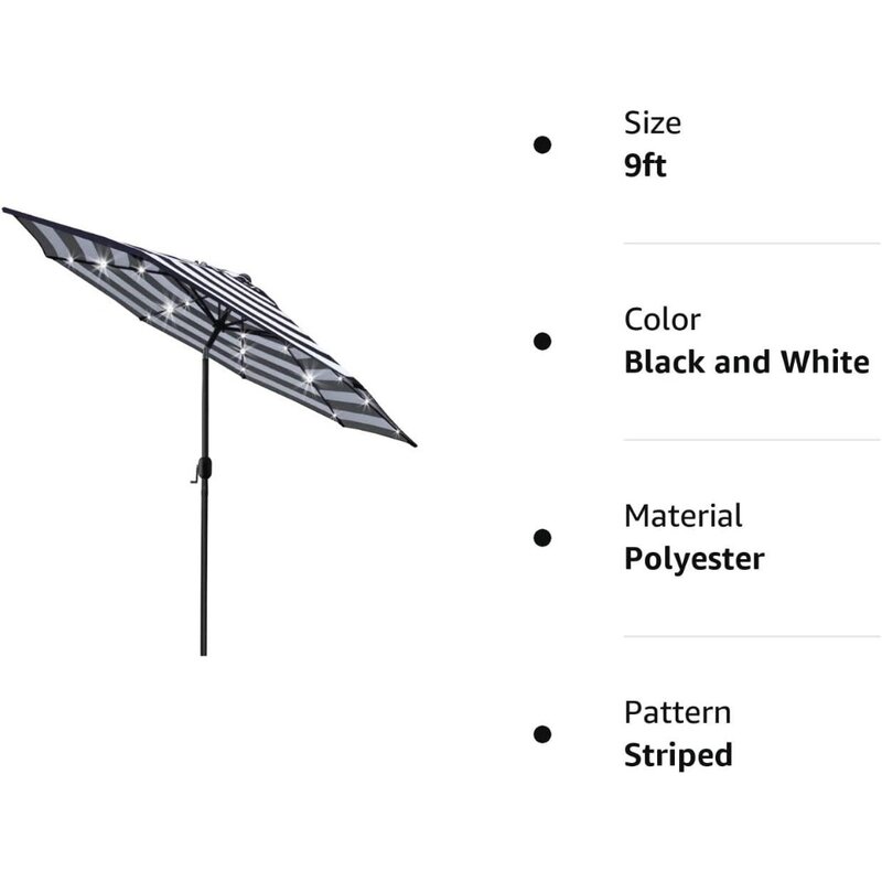Parapluie lumineux solaire à 24 LED, 9 pouces, avec 8 réglages de nervures et système de levage à manivelle