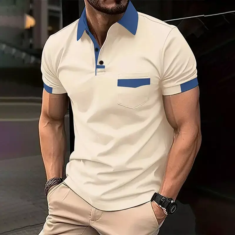 Summer Men's POLO Shirt Color Matching Pocket Buttons Casual T-shirt Short Sleeve Sports Pullover Business Casual Commuter Shirt