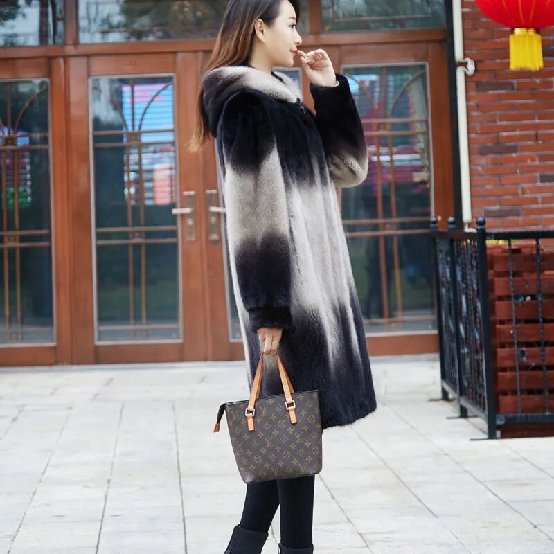 Haining Women's Temperament Soft Winter Hooded Slim Mid-length Coat Women's Whole Mink Coat 5xl