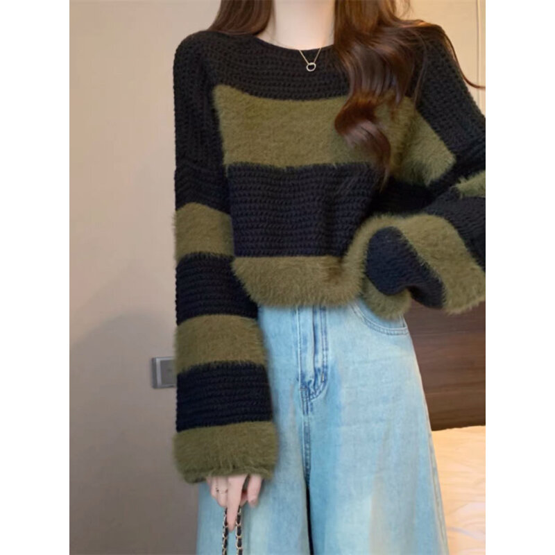Women's O-Neck Sweater Pullovers Autumn Winter Korean Style Contrast Color Striped Puff Sleeve Loose Short Knitting Sweaters
