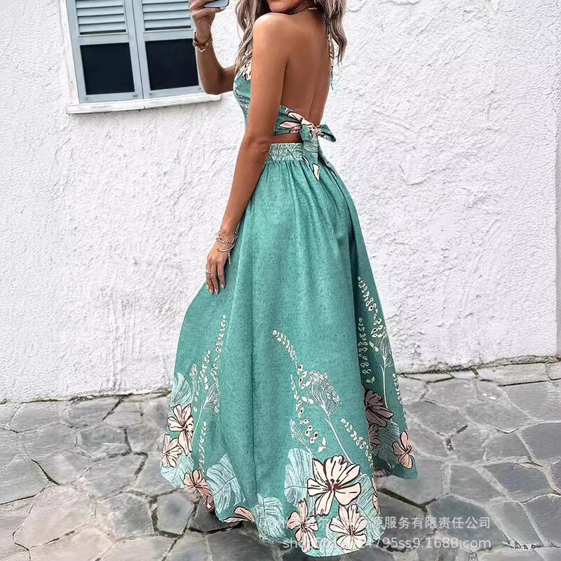 Skirt Set Women Two Piece Sets Print Floral Elegant Splice Casual Backless Sleeveless Halter Sling Tops A Line Long Skirts