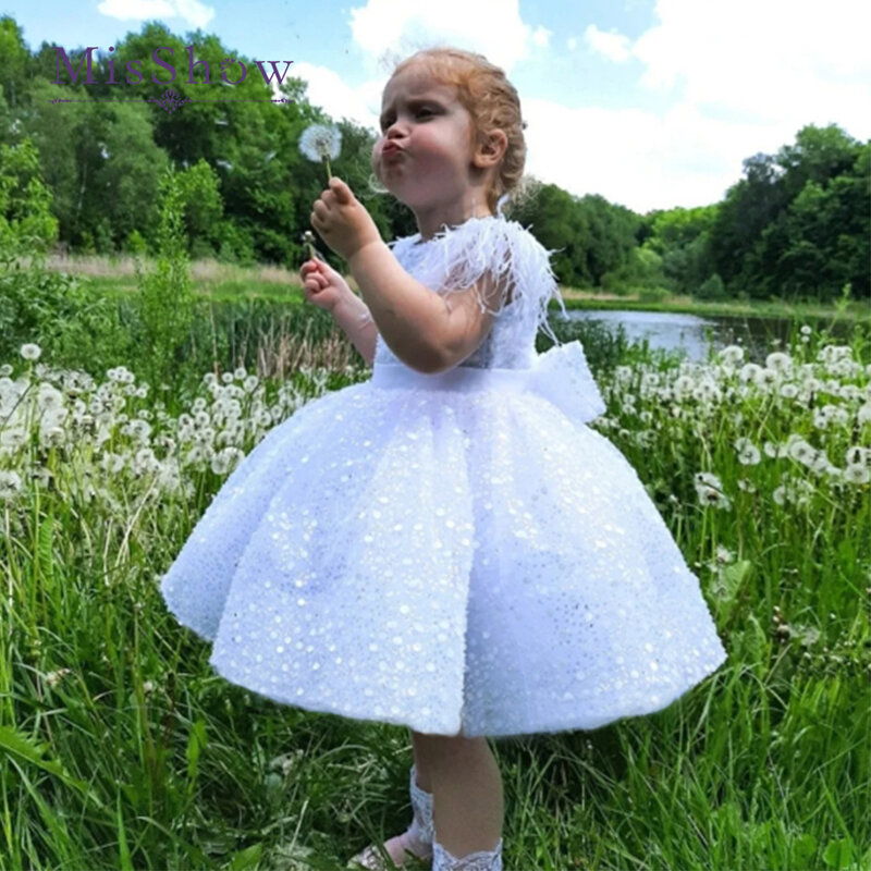 MisShow White First comunione Dress for Girls Beads Bow Flower Girl Dresses Ball Gown Wedding Party Dress Princess