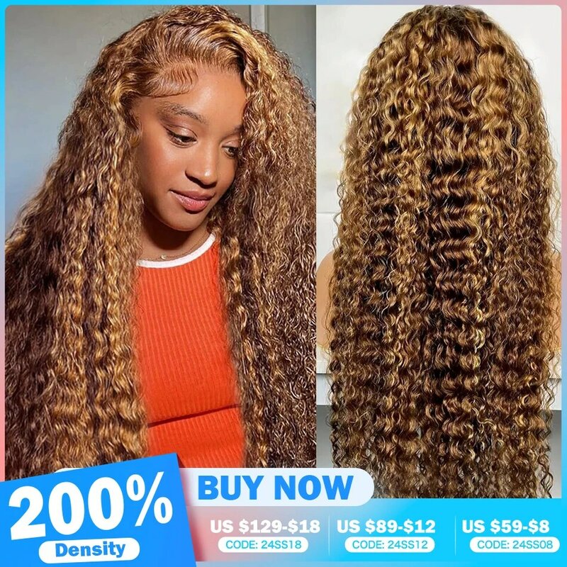 200 Gęstość 30 cali Highlight Honey Brown Remy Curly Lace Front Human Hair Wigs 13x4 Ombre Colored Deep Water Wave Frontal Wigs