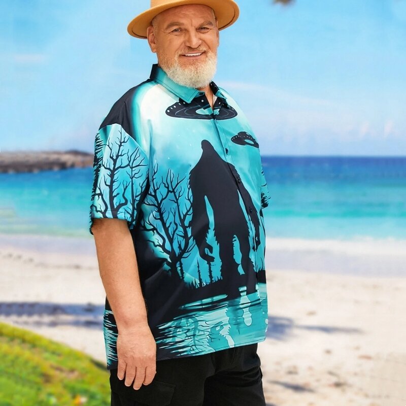 남성용 3D 외계인 프린트 하와이안 반팔 셔츠, 오버사이즈 루즈한 의류 상의, 여름 캐주얼 셔츠, 패션