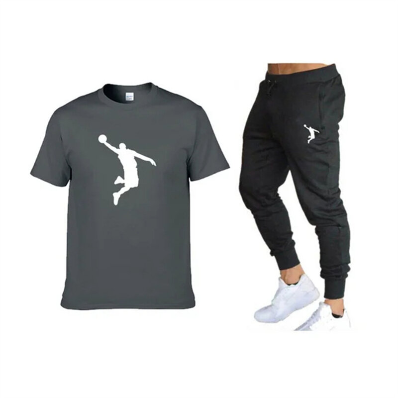 Мужской спортивный костюм из двух предметов, футболка с коротким рукавом и брюки, спортивные штаны для фитнеса и бега, лето 2024