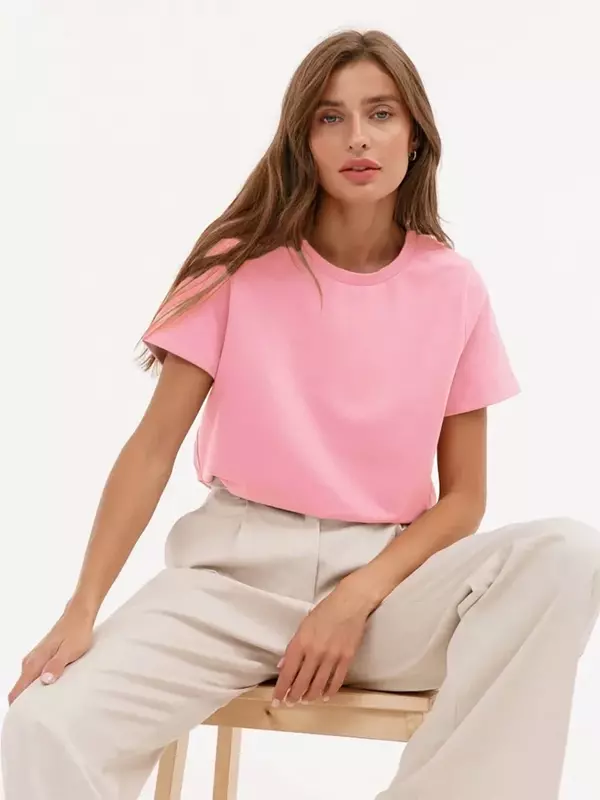 T-shirt de assentamento básico sólido feminino, 100% algodão, moda, luxo, verão, luxo, 42USD-Bornladies