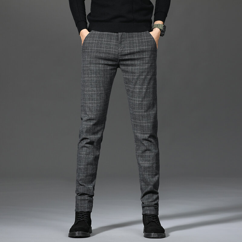 Pantalones negros a cuadros para Hombre, Pantalones ajustados a la moda, Pantalones a rayas grises, 28-38, primavera y otoño, novedad