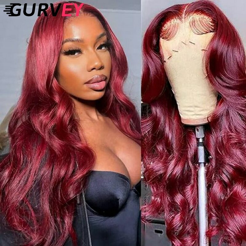 Pelucas de cabello humano brasileño para mujer, postizo de encaje Frontal transparente de 34 pulgadas, color rojo borgoña 99J, 13x4
