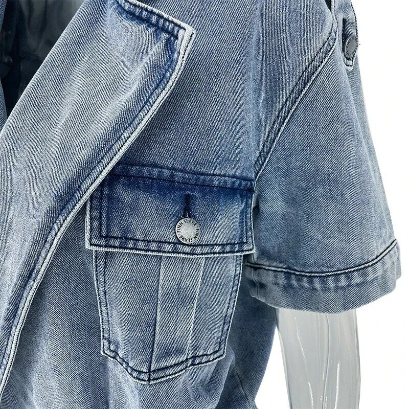 Macacão casual de cintura alta feminino, bolso de botão feminino, manga curta, gola virada, lavagem d'água, macacão jeans azul, Indie, primavera