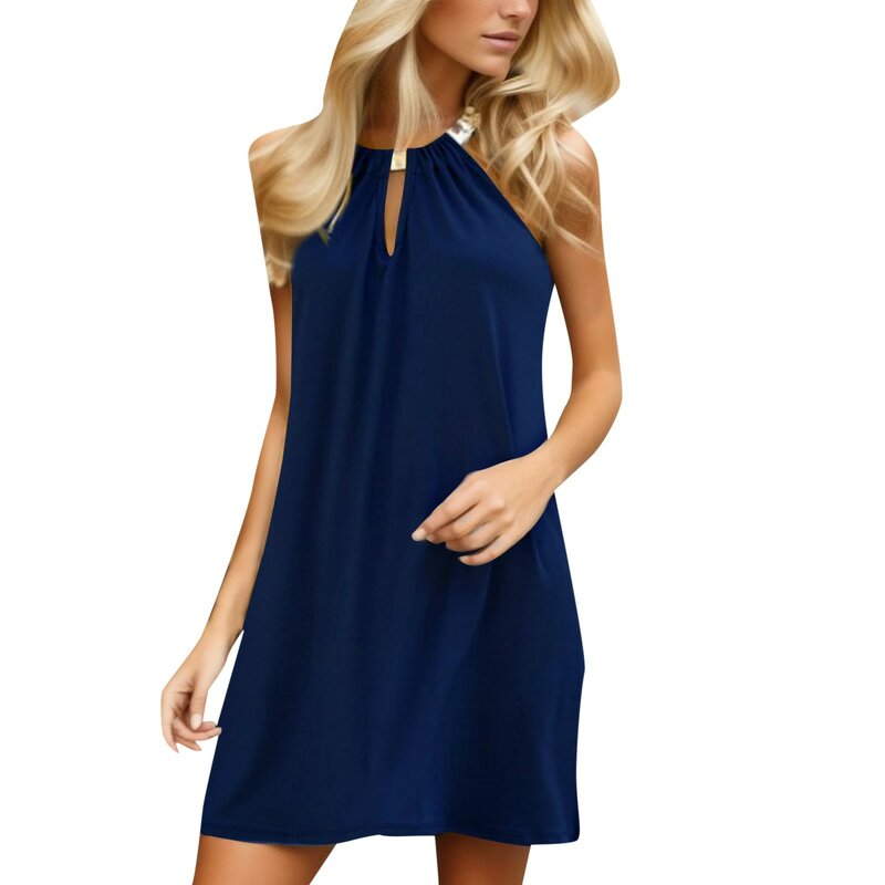 Gaun pesta kasual wanita, gaun Mini tanpa lengan A-Line longgar Halterneck rantai warna Solid mode musim panas